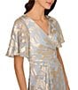 Adrianna Papell Foiled Leaf Print Surplice V-Neck Short Flutter Sleeve Gown, Color:Light Blue/Gold - Image 3