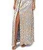 Adrianna Papell Foiled Leaf Print Surplice V-Neck Short Flutter Sleeve Gown, Color:Light Blue/Gold - Image 4