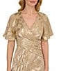 Adrianna Papell Foiled Leaf Print Surplice V-Neck Short Flutter Sleeve Gown, Color:Champagne/Gold - Image 3