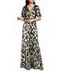 Adrianna Papell Foiled Leaf Print Surplice V-Neck Short Flutter Sleeve Gown - Image 1