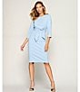 Adrianna Papell Stretch Crepe Crew Neck Tie Waist 3/4 Sleeve Midi Sheath Dress, Color:Blue Mist - Image 4