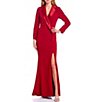 Color:Matador Red - Image 1 - Long Sleeve Notch Lapel Surplice V-Neck Front Slit Crepe Tuxedo Mermaid Gown