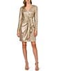 Color:Light Gold - Image 1 - Long Sleeve V-Neck Metallic Foiled Knit Draped Dress
