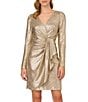 Color:Light Gold - Image 4 - Long Sleeve V-Neck Metallic Foiled Knit Draped Dress