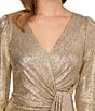 Color:Light Gold - Image 5 - Long Sleeve V-Neck Metallic Foiled Knit Draped Dress