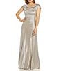 Color:Alabaster - Image 1 - Glitter Cowl Neck Draped Back Cap Sleeve A-Line Gown