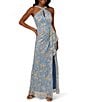 Adrianna Papell Metallic Crinkle Chiffon Halter Front Keyhole Column Gown, Color:Light Blue/Gold - Image 1
