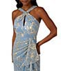 Adrianna Papell Metallic Crinkle Chiffon Halter Front Keyhole Column Gown, Color:Light Blue/Gold - Image 3