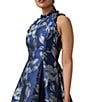 Color:Royal Dusty Blue - Image 3 - Metallic Floral Print Sleeveless Ruffle Mock Neck High-Low Fit and Flare Dress