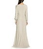 Color:Champagne - Image 2 - Metallic Knit Faux Wrap Surplice V-Neck High Slit Long Sleeve Ruffle Gown