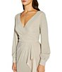 Color:Champagne - Image 4 - Metallic Knit Faux Wrap Surplice V-Neck High Slit Long Sleeve Ruffle Gown