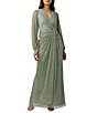 Color:Greenslate - Image 1 - Metallic Long Sleeve Surplice V-Neck Ruched Detailed Draped Gown
