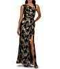 Adrianna Papell Metallic Rose Print Crinkle Mesh Asymmetrical Neck Sleeveless Gown, Color:Black/Gold - Image 1