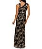 Adrianna Papell Metallic Rose Print Crinkle Mesh Asymmetrical Neck Sleeveless Gown, Color:Black/Gold - Image 2