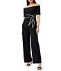 Color:Black - Image 1 - Off-the-Shoulder Short Elbow Sleeve Contrast Piping Stretch Crepe Twist Tie Waist Straight Leg Jumpsuit