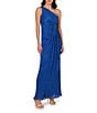 Color:Brilliant Sapphire - Image 1 - One Shoulder Metallic Knit Sleeveless Front Ruched Gown