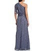 Color:Dusty Blue - Image 2 - Sequin One Shoulder Illusion Sleeve Blouson Dress