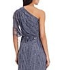 Color:Dusty Blue - Image 4 - Sequin One Shoulder Illusion Sleeve Blouson Dress