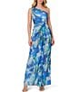 Adrianna Papell One Shoulder Sleeveless Floral Chiffon Drape Waist Sheath Gown, Color:Blue Multi - Image 1