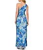 Adrianna Papell One Shoulder Sleeveless Floral Chiffon Drape Waist Sheath Gown, Color:Blue Multi - Image 2