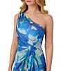 Adrianna Papell One Shoulder Sleeveless Floral Chiffon Drape Waist Sheath Gown, Color:Blue Multi - Image 3