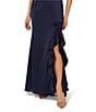 Adrianna Papell One Shoulder Stretch Satin Ruffle Front Sheath Gown, Color:Dark Navy - Image 4