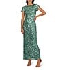 Adrianna Papell Petite Size Beaded Crew Neck Short Sleeve Column Gown, Color:Green Slate - Image 1