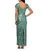 Adrianna Papell Petite Size Beaded Crew Neck Short Sleeve Column Gown, Color:Green Slate - Image 2