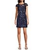 Color:Navy - Image 1 - Petite Size Cap Sleeve Boat Neck Embroidered Sequin Popover Sheath Dress