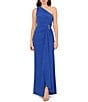 Color:Brilliant Sapphire - Image 1 - Petite Size Stretch Jersey One Shoulder Sleeveless Embellished Waist Gown