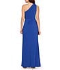 Color:Brilliant Sapphire - Image 2 - Petite Size Stretch Jersey One Shoulder Sleeveless Embellished Waist Gown