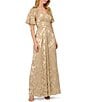 Adrianna Papell Petite Size V-Neck Flutter Sleeve Foil Leaf Printed Gown, Color:Champagne/Gold - Image 1