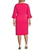 Color:Camellia - Image 2 - Plus Size 3/4 Bell Sleeve Square Neck Tie Waist Crepe Sheath Dress