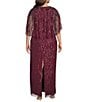 Adrianna Papell Plus Size Beaded Mesh Boat Neck Cape Sleeve Long Dress, Color:Mahogany - Image 2