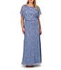 Color:French Blue - Image 1 - Plus Size Beaded Mesh Jewel Neck Short Flutter Sleeve Blouson Gown