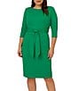 Color:Vivid Green - Image 4 - Plus Size Crepe Knit Tie Waist 3/4 Sleeve Round Neck Sheath Dress