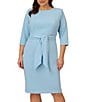 Adrianna Papell Plus Size Crepe Knit Tie Waist 3/4 Sleeve Round Neck Sheath Dress, Color:Blue Mist - Image 4