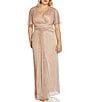 Color:Rose Gold - Image 1 - Plus Size Floral Metallic Mesh V-Neck Short Flutter Sleeve Wrap A-Line Gown