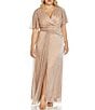 Color:Rose Gold - Image 3 - Plus Size Floral Metallic Mesh V-Neck Short Flutter Sleeve Wrap A-Line Gown
