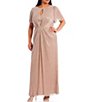 Color:Blush - Image 1 - Plus Size Keyhole Neck Flutter 3/4 Sleeve Crinkle Metallic Pleated Sheath Glitter Gown