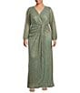 Color:Green Slate - Image 1 - Plus Size Long Sleeve Surplice V-Neck Knotted Waist Long Metallic Gown