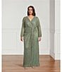Color:Green Slate - Image 4 - Plus Size Long Sleeve Surplice V-Neck Knotted Waist Long Metallic Gown