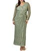 Color:Green Slate - Image 6 - Plus Size Long Sleeve Surplice V-Neck Knotted Waist Long Metallic Gown