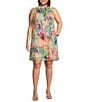 Adrianna Papell Plus Size Mock Neck Abstract Floral Chiffon Shift Dress, Color:Pink Multi - Image 1