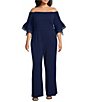 Color:Navy Satin - Image 1 - Plus Size Off The Shoulder Organza Tiered 3/4 Sleeve Stretch Crepe Jumpsuit