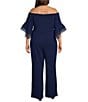Color:Navy Satin - Image 2 - Plus Size Off The Shoulder Organza Tiered 3/4 Sleeve Stretch Crepe Jumpsuit