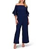 Color:Navy Satin - Image 4 - Plus Size Off The Shoulder Organza Tiered 3/4 Sleeve Stretch Crepe Jumpsuit