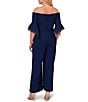 Color:Navy Satin - Image 5 - Plus Size Off The Shoulder Organza Tiered 3/4 Sleeve Stretch Crepe Jumpsuit