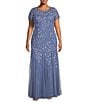 Color:French Blue - Image 1 - Plus Size Short Sleeve Illusion Crew Neck Godet Skirt Beaded Mesh Gown