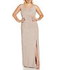 Color:Champagne - Image 1 - Plus Size Sleeveless Side Ruched Metallic Knit Gown